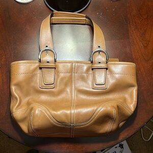 Light brown/tan leather, coach purse, silver hardware